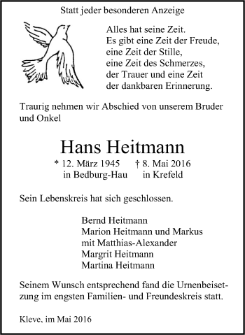 Traueranzeige von Hans Heitmann von Klever Wochenblatt