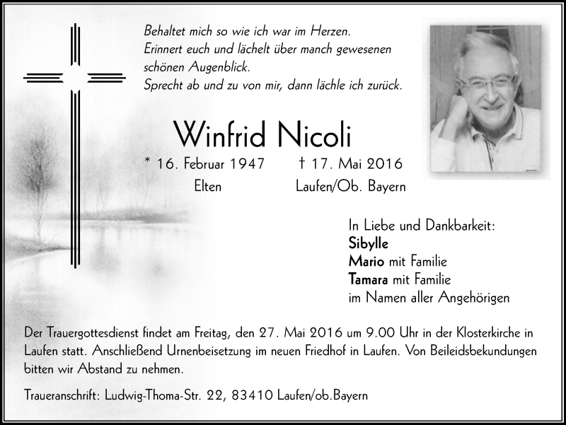  Traueranzeige für Winfrid Nicoli vom 25.05.2016 aus Stadtanzeiger Emmerich/Rees/Isselburg