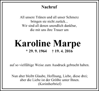Traueranzeige von Karoline Marpe von Stadtspiegel Gladbeck