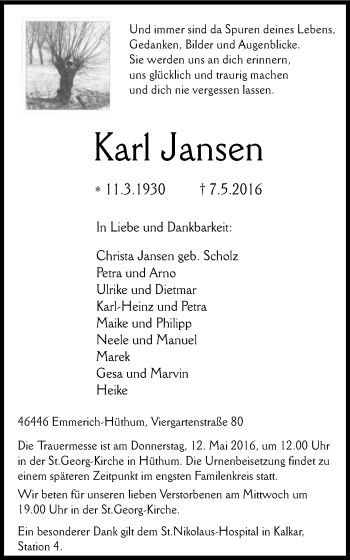 Traueranzeige von Karl Jansen von Stadtanzeiger Emmerich/Rees/Isselburg