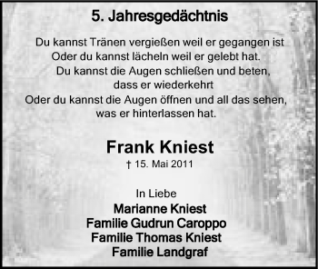 Traueranzeige von Frank Kniest von Wochen-Anzeiger Oberhausen