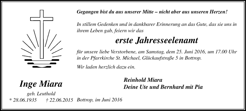  Traueranzeige für Inge Miara vom 22.06.2016 aus Stadtspiegel Bottrop