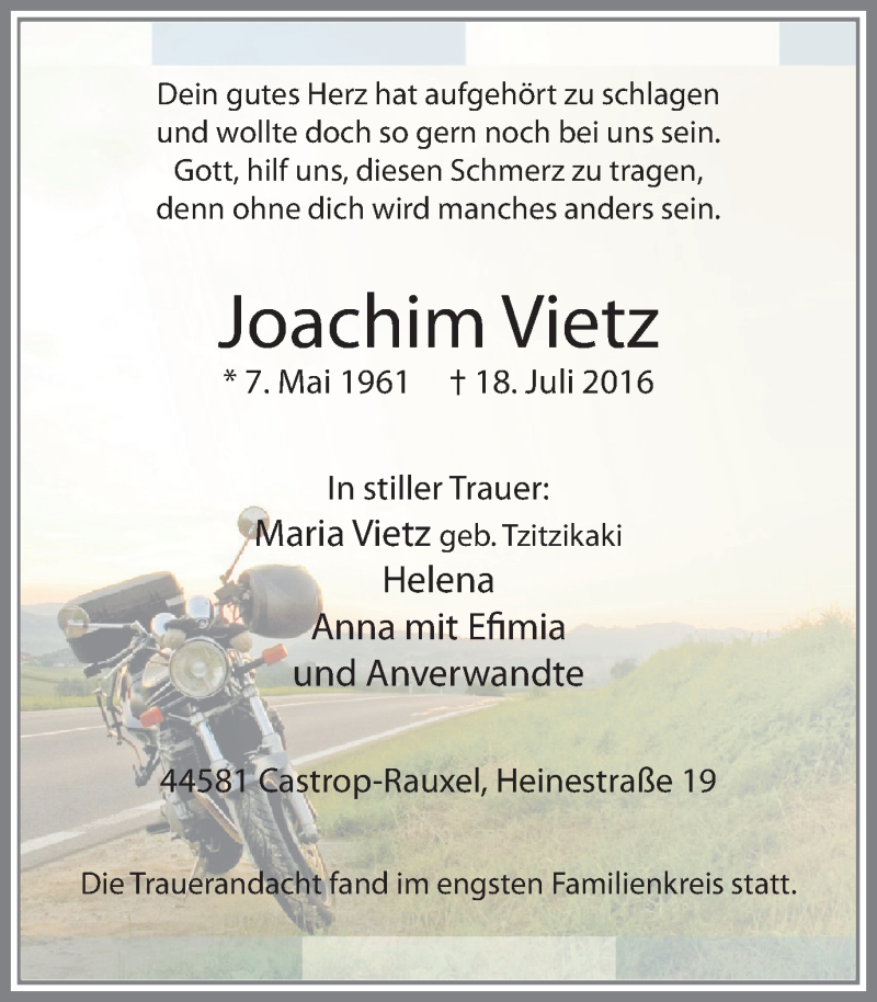  Traueranzeige für Joachim Vietz vom 30.07.2016 aus Stadtanz.Castrop-Rauxel