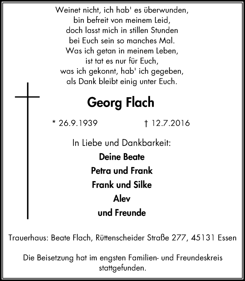  Traueranzeige für Georg Flach vom 23.07.2016 aus Süd Anzeiger Essen