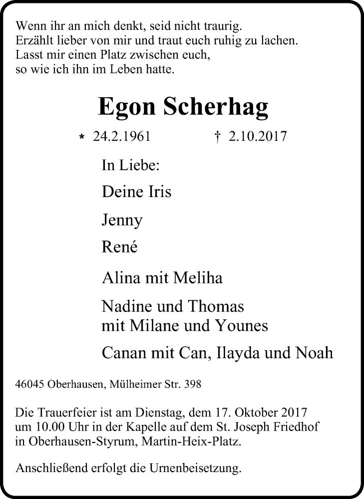  Traueranzeige für Egon Scherhag vom 11.10.2017 aus Wochen-Anzeiger Oberhausen