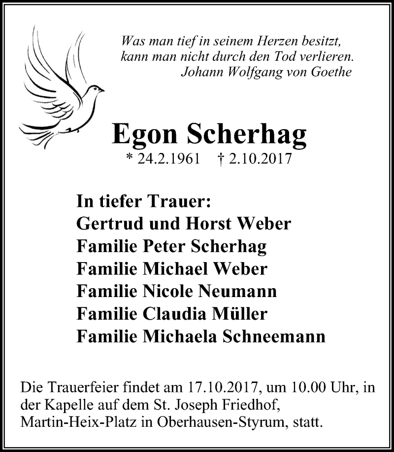  Traueranzeige für Egon Scherhag vom 14.10.2017 aus Mülheimer Woche
