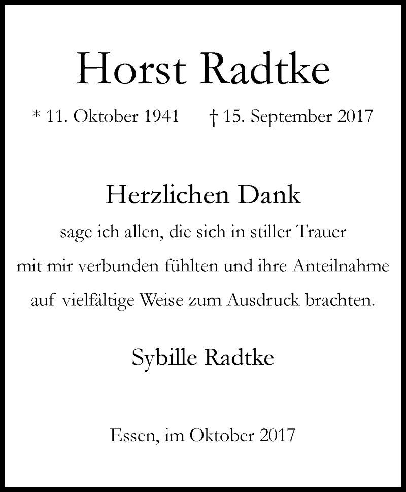  Traueranzeige für Horst Radtke vom 28.10.2017 aus Stadtspiegel Essen
