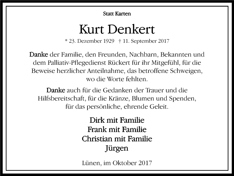  Traueranzeige für Kurt Denkert vom 14.10.2017 aus Lüner Anzeiger