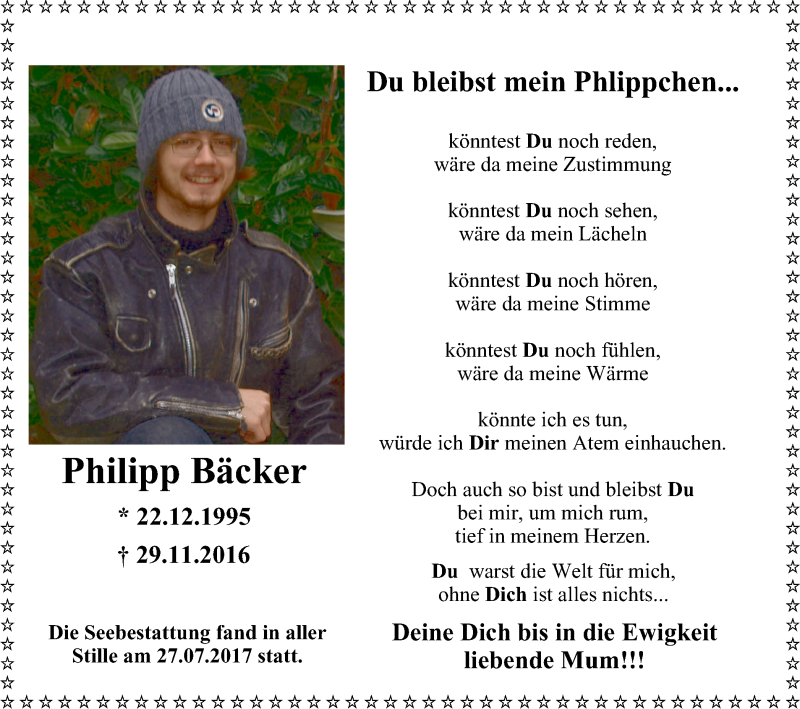  Traueranzeige für Philipp Bäcker vom 29.11.2017 aus Der Weseler + Der Xantener