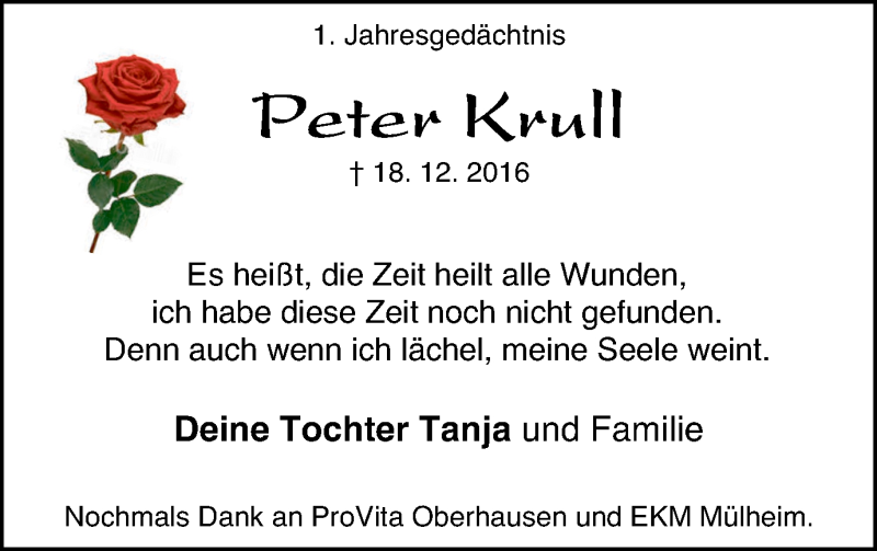  Traueranzeige für Peter Krull vom 16.12.2017 aus Stadtspiegel Bottrop