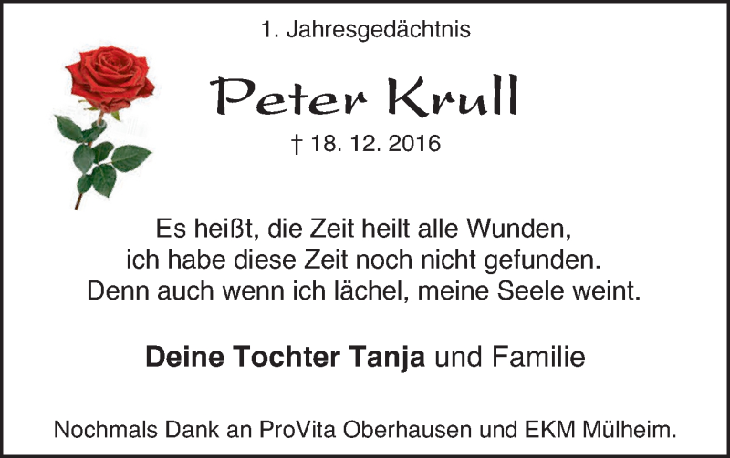  Traueranzeige für Peter Krull vom 16.12.2017 aus Wochen-Anzeiger Oberhausen