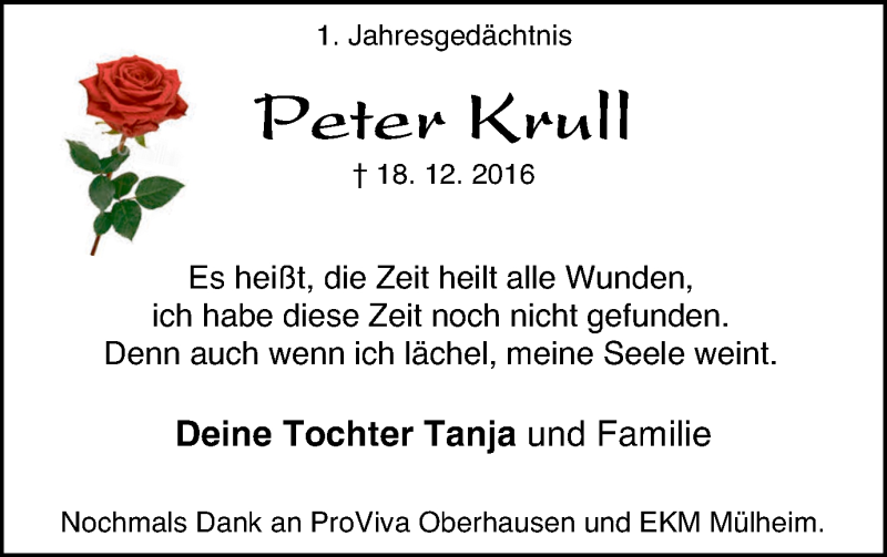  Traueranzeige für Peter Krull vom 20.12.2017 aus Stadtspiegel Bottrop