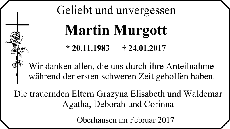 Traueranzeige für Martin Murgott vom 25.02.2017 aus Wochen-Anzeiger Oberhausen