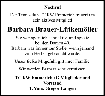 Traueranzeige von Barbara Brauer-Lütkemöller von Stadtanzeiger Emmerich/Rees/Isselburg