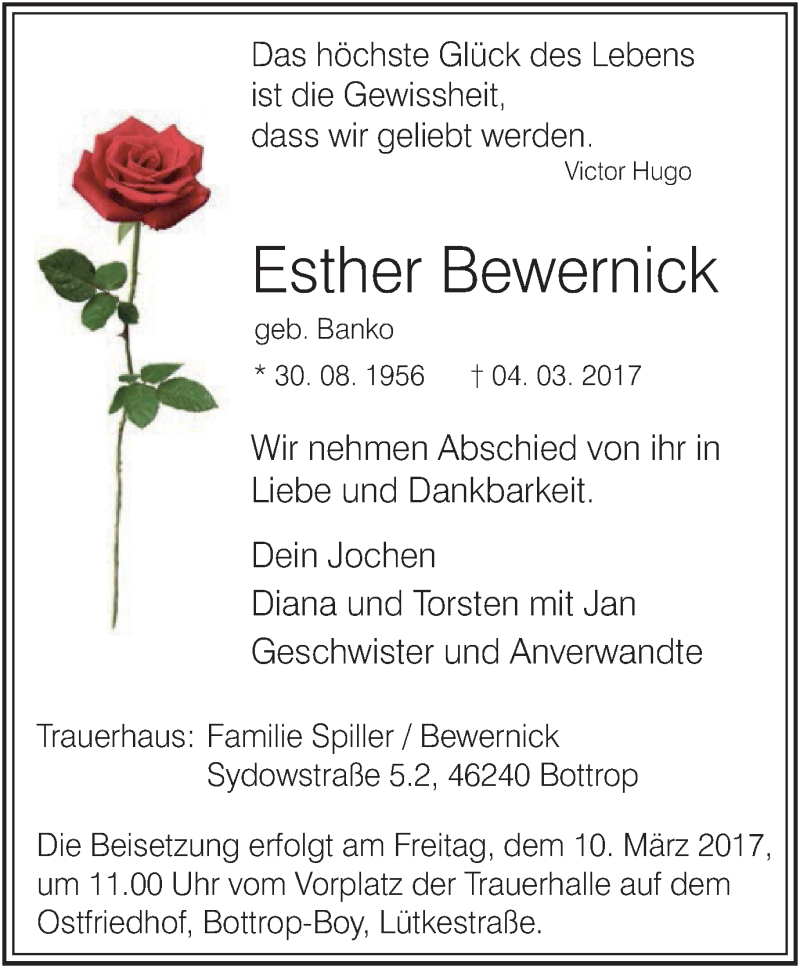  Traueranzeige für Esther Bewernick vom 08.03.2017 aus Stadtspiegel Bottrop