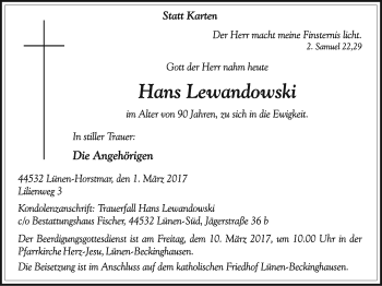 Traueranzeige von Hans Lewandowski von Lüner Anzeiger