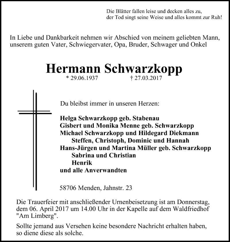  Traueranzeige für Hermann Schwarzkopp vom 01.04.2017 aus Stadtspiegel Menden + Froendenberg