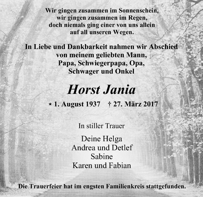  Traueranzeige für Horst Jania vom 26.04.2017 aus Wochenblatt Herne/Wanne-Eickel