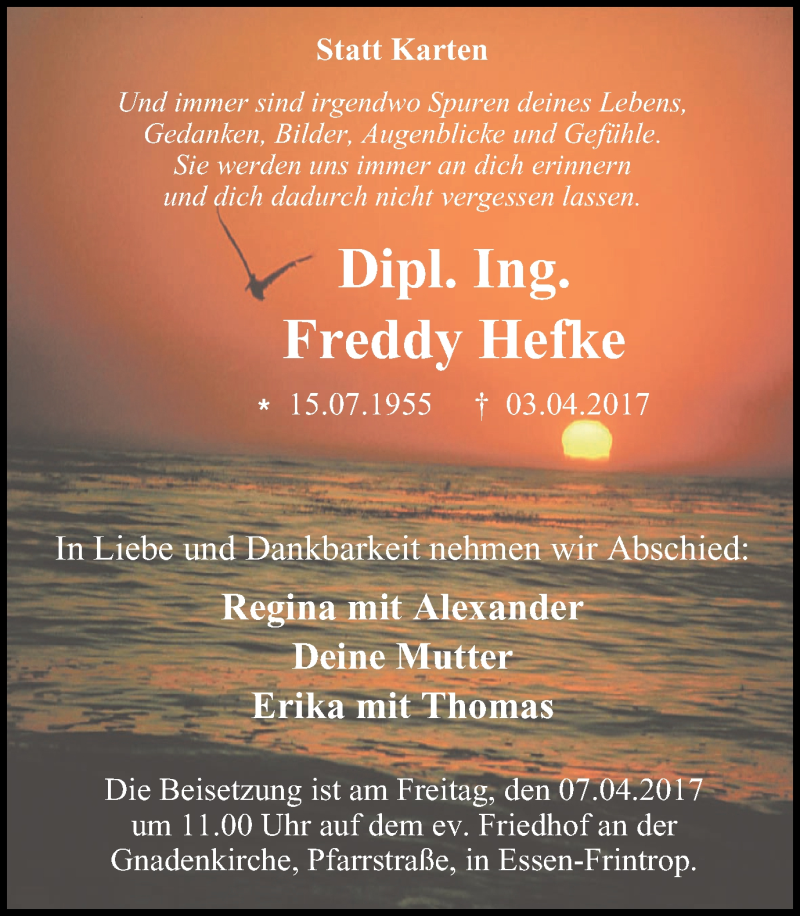  Traueranzeige für Freddy Hefke vom 05.04.2017 aus Wochen-Anzeiger Oberhausen