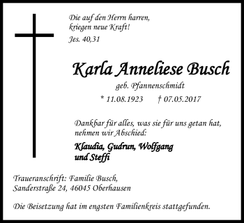 Traueranzeige von Karla Anneliese Busch von Wochen-Anzeiger Oberhausen