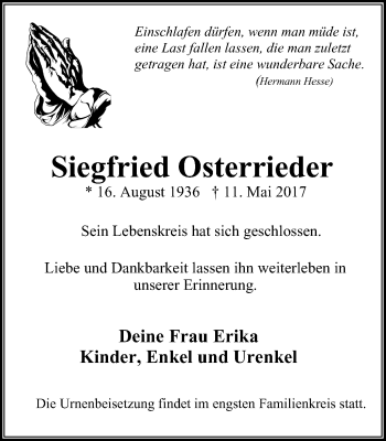 Traueranzeige von Siegfried Osterrieder von Stadtanz.Castrop-Rauxel