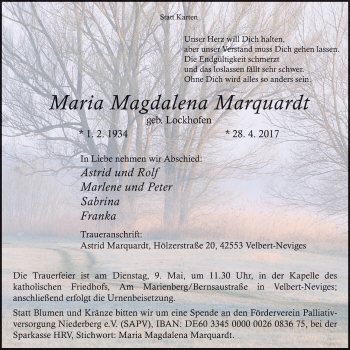 Traueranzeige von Maria Magdalena Marquardt von Stadtanzeiger Velbert + Heiligenhaus