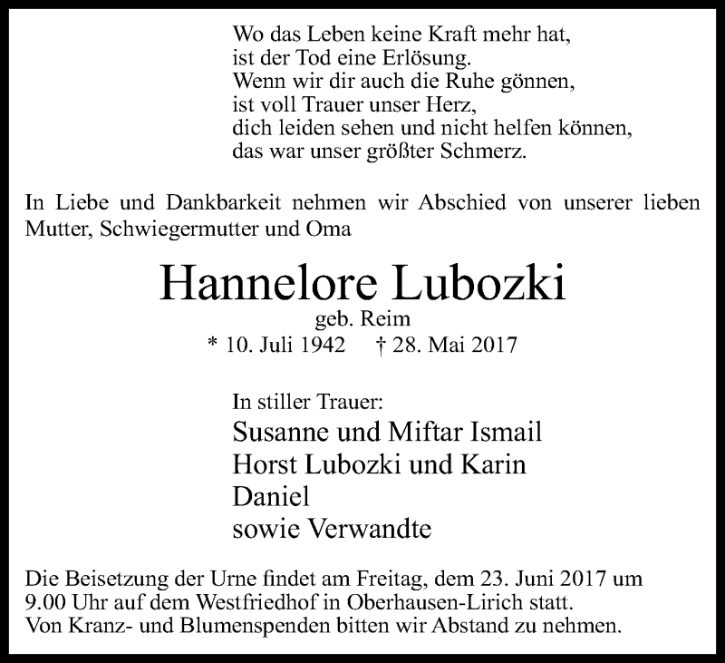  Traueranzeige für Hannelore Lubozki vom 17.06.2017 aus Wochen-Anzeiger Oberhausen