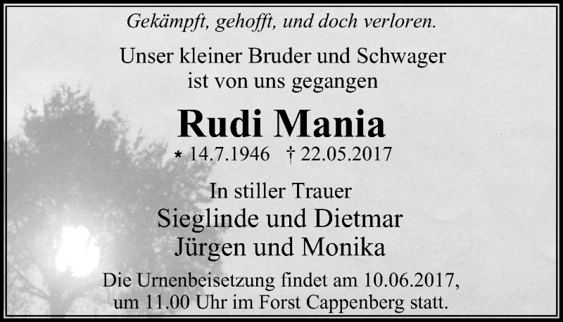  Traueranzeige für Rudi Mania vom 03.06.2017 aus Stadtanz.Castrop-Rauxel