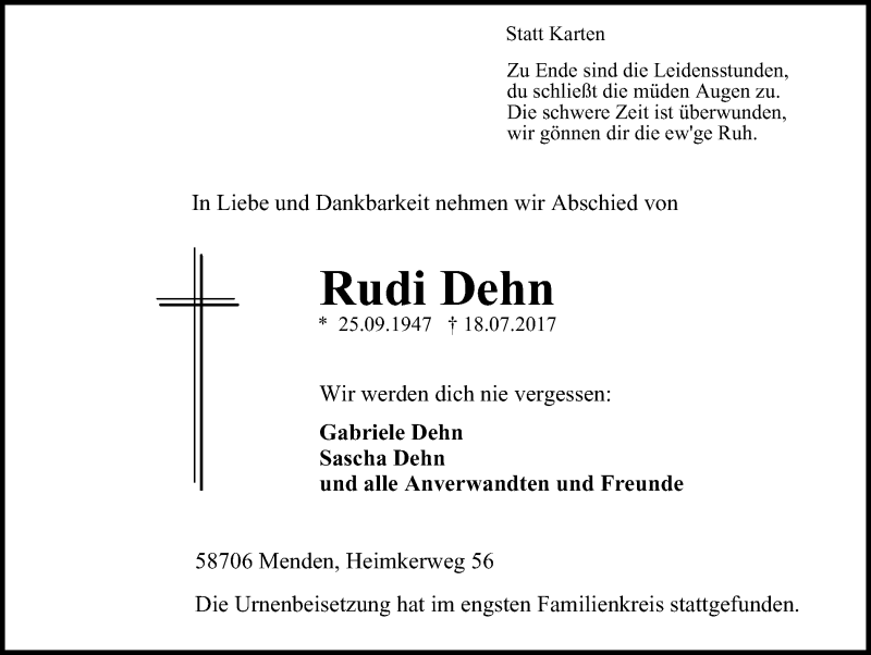  Traueranzeige für Rudi Dehn vom 29.07.2017 aus Stadtspiegel Menden + Froendenberg