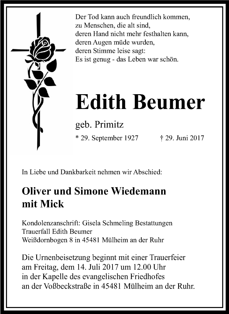  Traueranzeige für Edith Beumer vom 08.07.2017 aus Mülheimer Woche