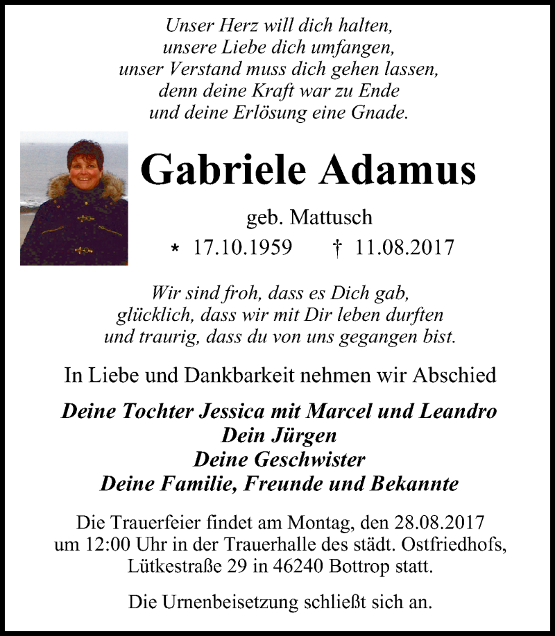 Traueranzeige für Gabriele Adamus vom 23.08.2017 aus Stadtspiegel Bottrop