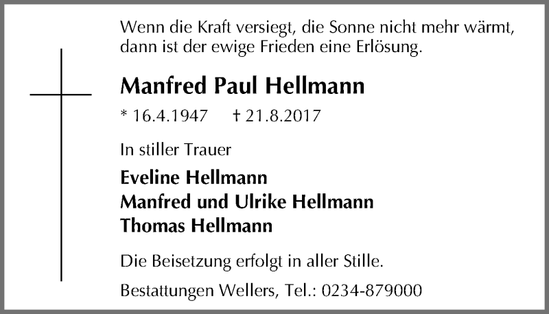  Traueranzeige für Manfred Paul Hellmann vom 26.08.2017 aus Stadtspiegel Bochum
