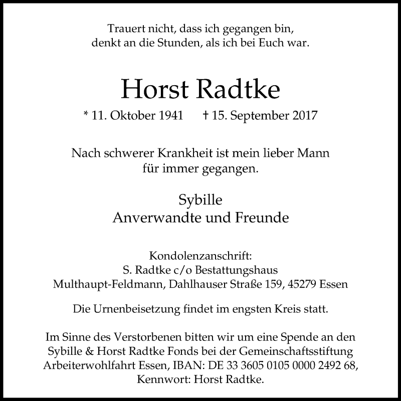  Traueranzeige für Horst Radtke vom 23.09.2017 aus Stadtspiegel Essen