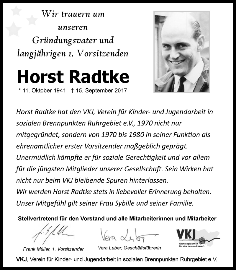  Traueranzeige für Horst Radtke vom 20.09.2017 aus Stadtspiegel Essen