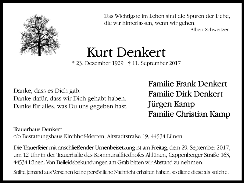  Traueranzeige für Kurt Denkert vom 16.09.2017 aus Lüner Anzeiger