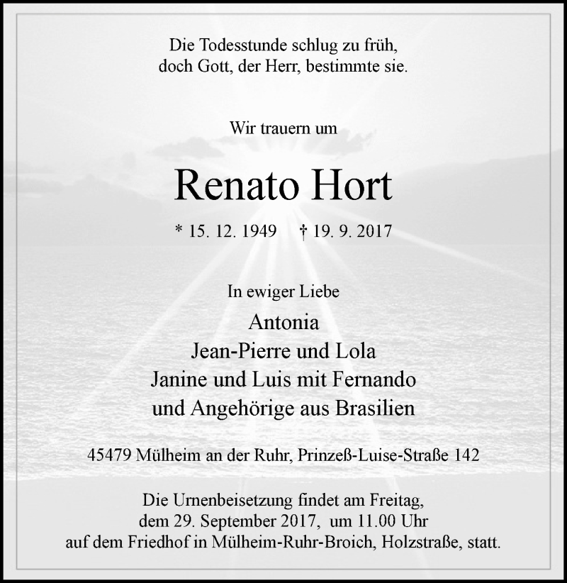  Traueranzeige für Renato Hort vom 27.09.2017 aus Mülheimer Woche