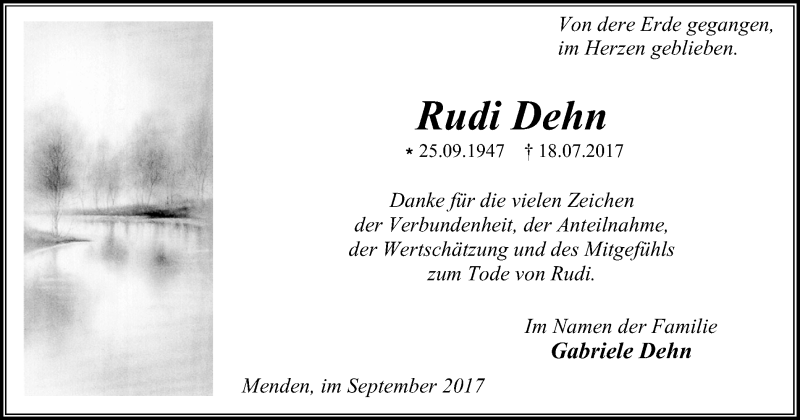  Traueranzeige für Rudi Dehn vom 02.09.2017 aus Stadtspiegel Menden + Froendenberg