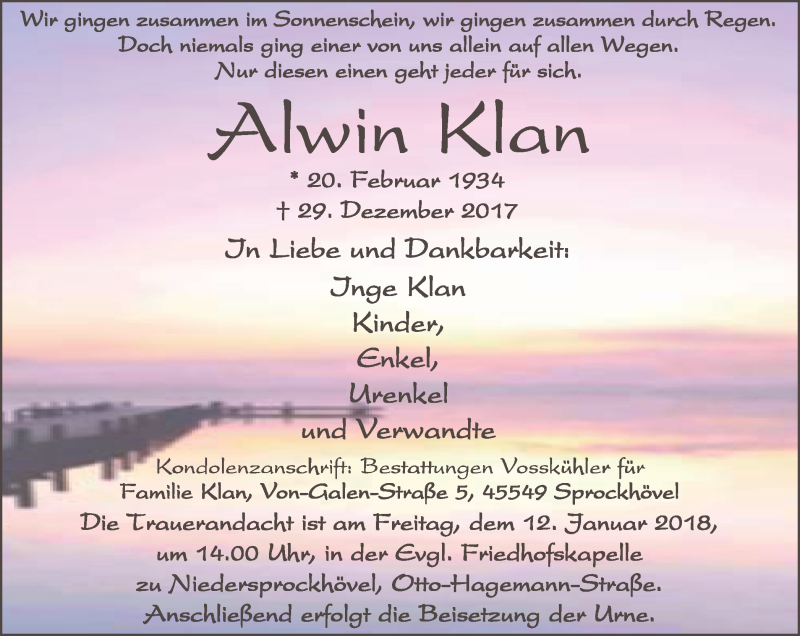  Traueranzeige für Alwin Klan vom 06.01.2018 aus Stadtspiegel Hattingen/Niedersprockhövel