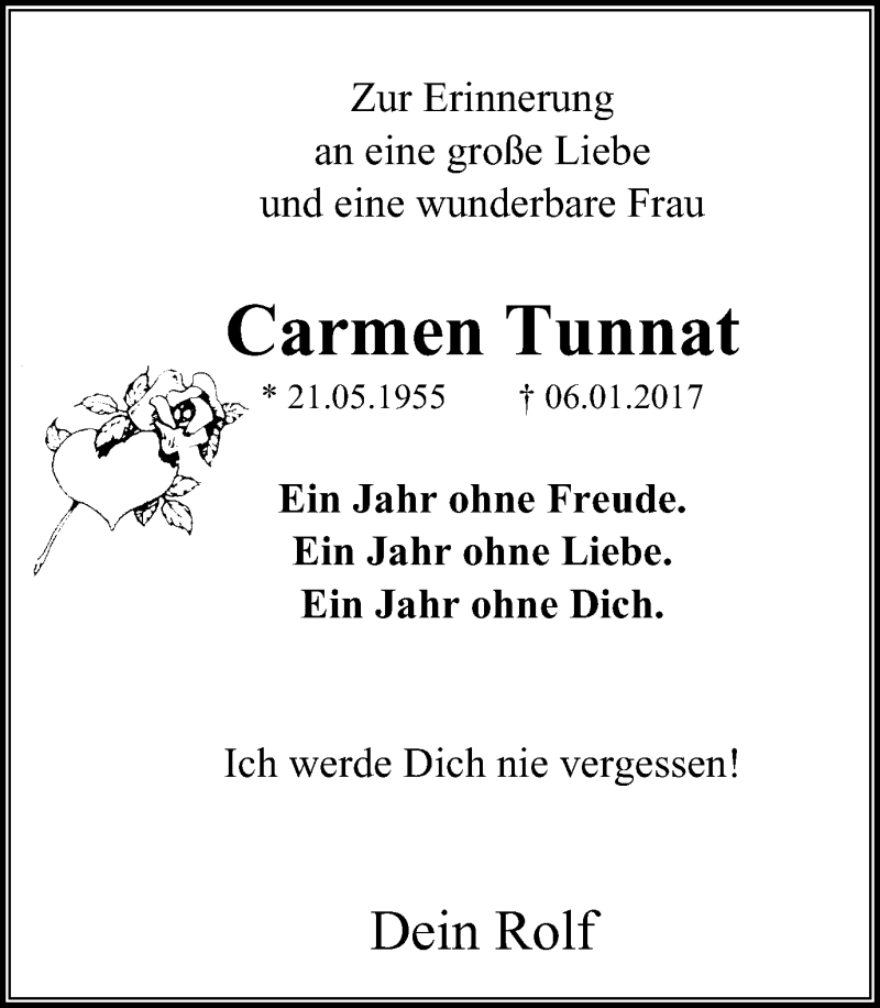  Traueranzeige für Carmen Tunnat vom 06.01.2018 aus Stadtspiegel Bochum