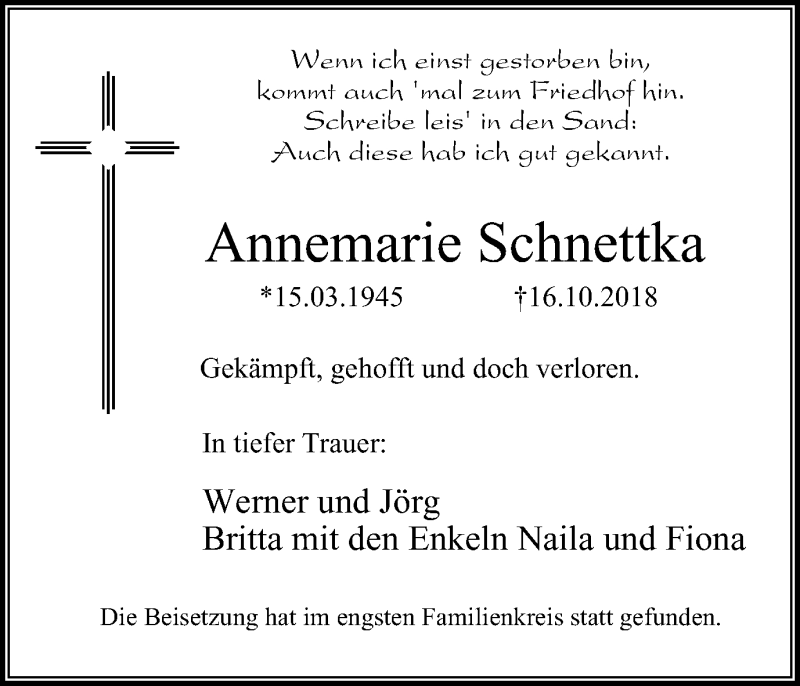  Traueranzeige für Annemarie Schnettka vom 27.10.2018 aus Stadtspiegel Wattenscheid