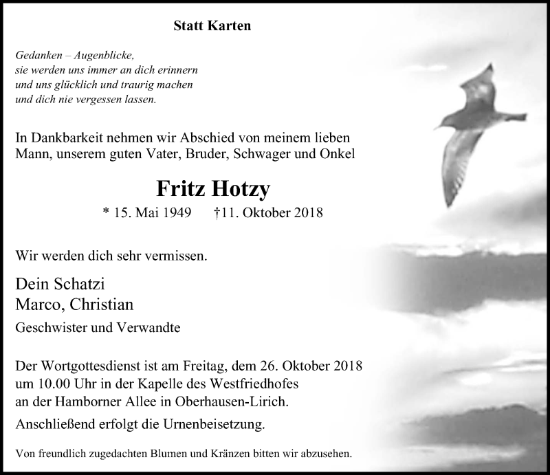  Traueranzeige für Fritz Hotzy vom 20.10.2018 aus Wochen-Anzeiger Oberhausen