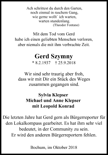 Traueranzeige von Gerd Szymny von Stadtspiegel Bochum