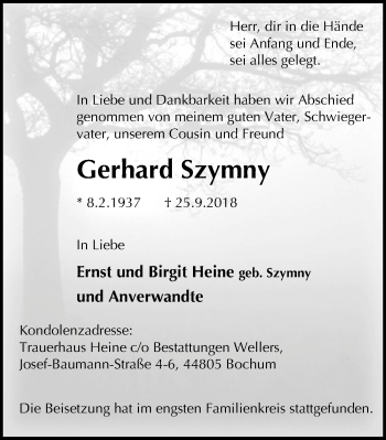 Traueranzeige von Gerhard Szymny von Stadtspiegel Bochum