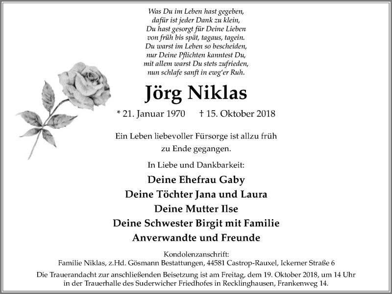  Traueranzeige für Jörg Niklas vom 17.10.2018 aus Stadtanz.Castrop-Rauxel