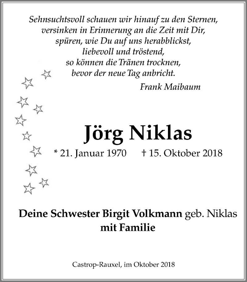  Traueranzeige für Jörg Niklas vom 17.10.2018 aus Stadtanz.Castrop-Rauxel