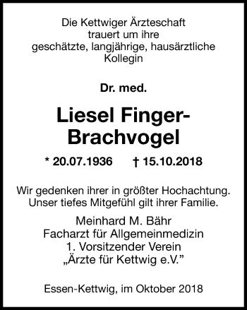 Traueranzeige von Liesel Finger-Brachvogel von Kettwig Kurier