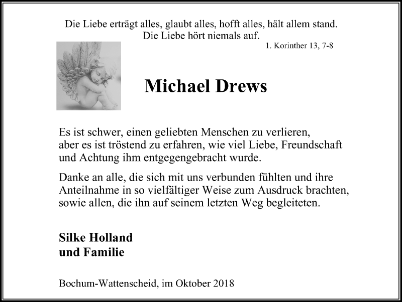  Traueranzeige für Michael Drews vom 06.10.2018 aus Stadtspiegel Wattenscheid