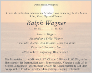 Traueranzeige von Ralph Wagner von Stadtanzeiger Velbert + Heiligenhaus