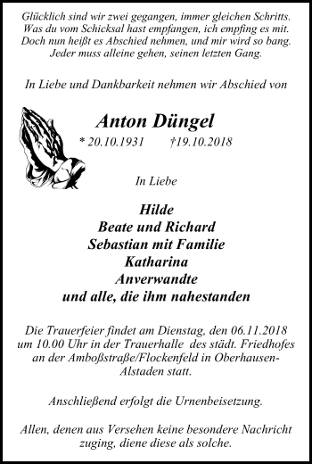 Traueranzeige von Anton Dünge von Wochen-Anzeiger Oberhausen