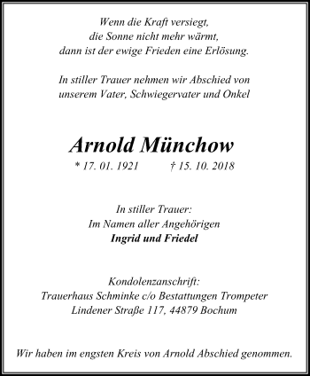 Traueranzeige von Arnold Münchow von Stadtspiegel Hattingen/Niedersprockhövel
